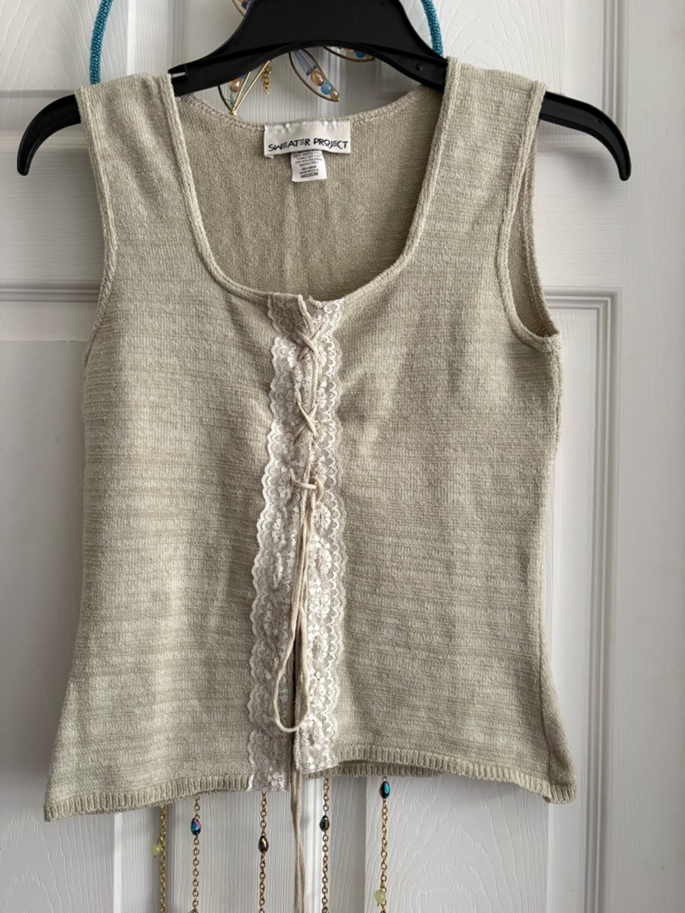 Sweater Project Cream Lace-Front Knit Tank